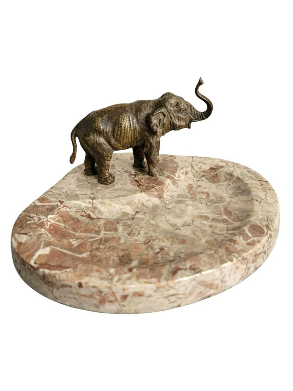 Vintage Elephant on Marble Stone Desk or Dresser Dish Bronze Brass Decor LC652